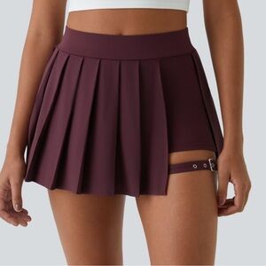 Pleated Wine Purple Mini Skirt with Strap Detail